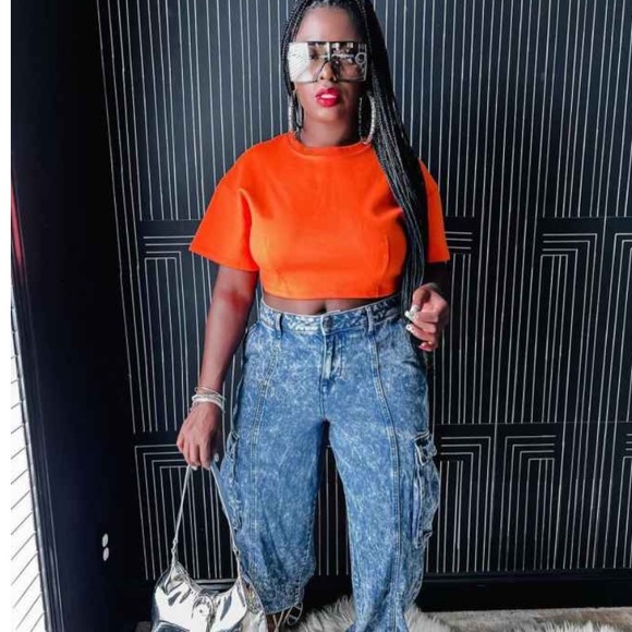 Mid-Rise Cargo Jeans Future Collective Kahlana Barfield Brown Medium Wash Denim - Picture 6 of 6